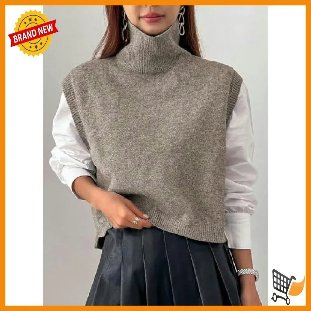 Cotton Blend Turtleneck Crop Sweater Vest Sleeveless Loose Fit